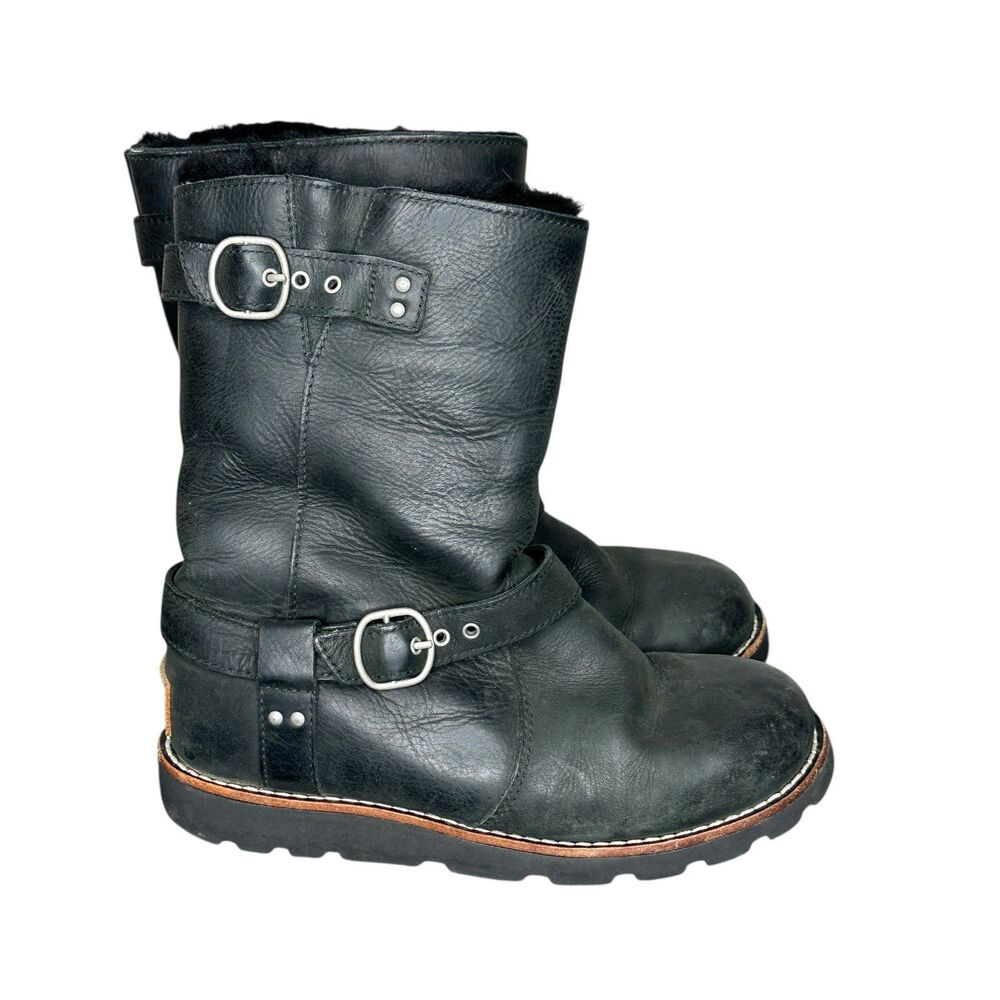 UGG Black Leather Buckle Boots Shearling Lined Girl's Size 5 - Picture 2 of 6